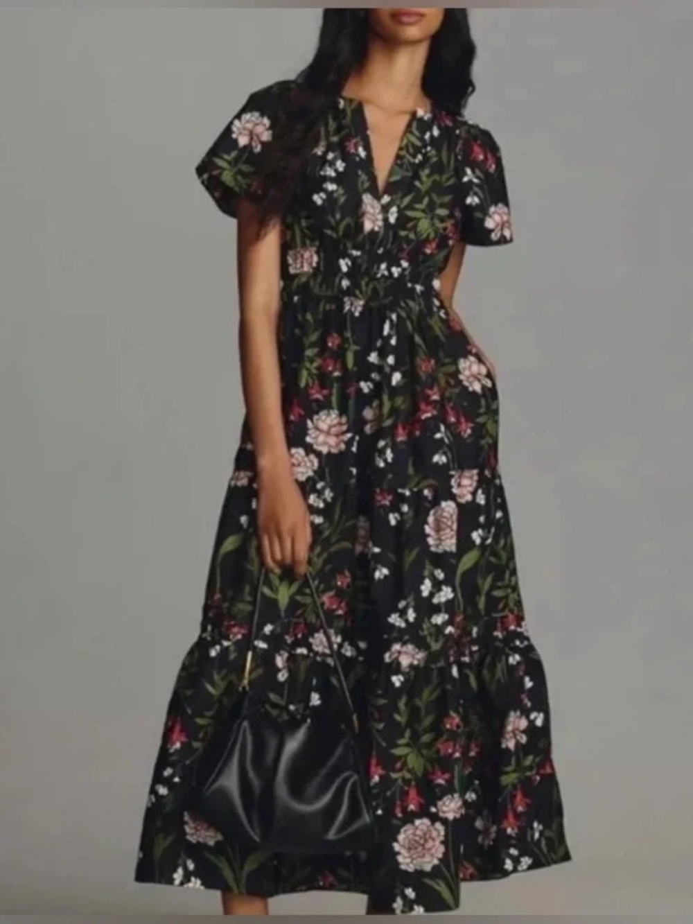 Anthropologie The Somerset Maxi Dress Tiered Smocked Black Floral Size Medium